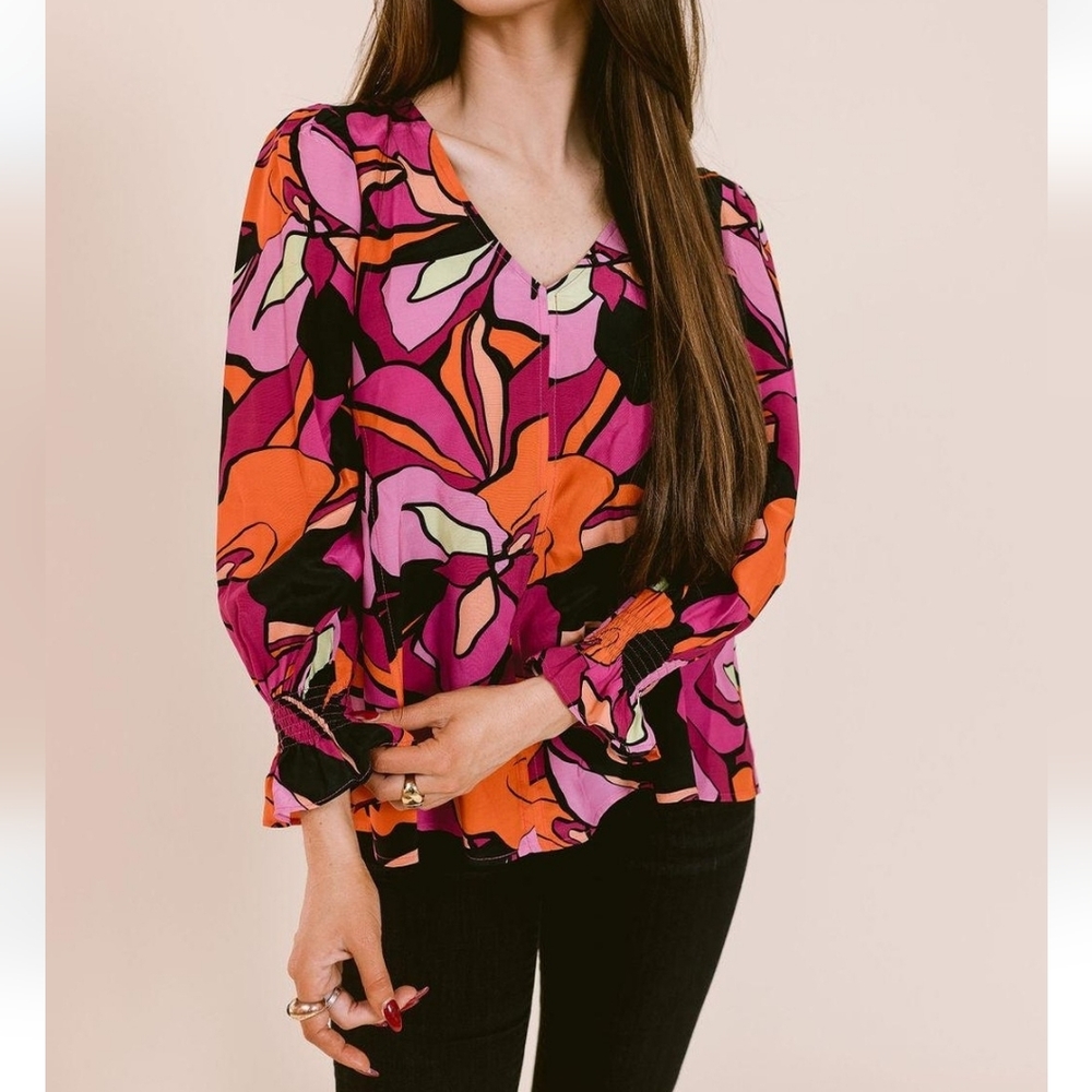 Laroque Julia Top Petal Art Size S V-neck Bell Sleeves Colorful Art To Wear Boho